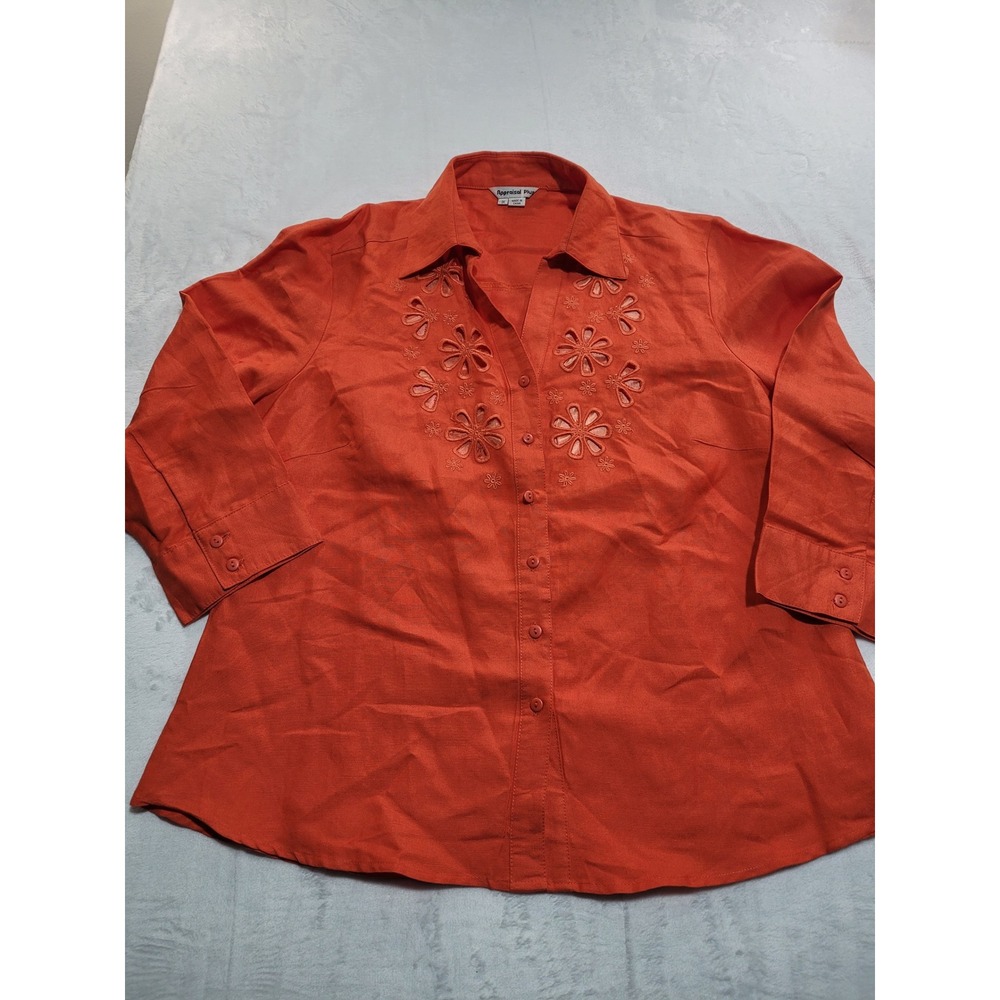 Appraisal Plus Button Down Shirt Womens 1X Orange Floral Eyelet Cutout